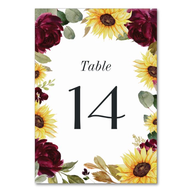 Numéro De Table Tournesol et Rose Bourgogne Rouge Rustique Mariage (Par défaut)