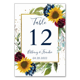 Numéro De Table Tournesol Floral Bordeaux Bleu Marine