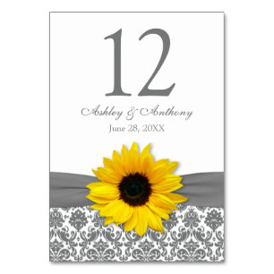 Numéro De Table Tournesol gris jaune Mariage damassé