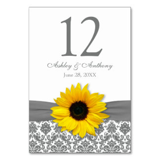 Numéro De Table Tournesol gris jaune Mariage damassé