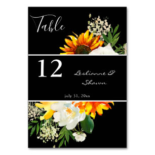Numéro De Table Tournesol & Rose blanche Artsy Floral - noir