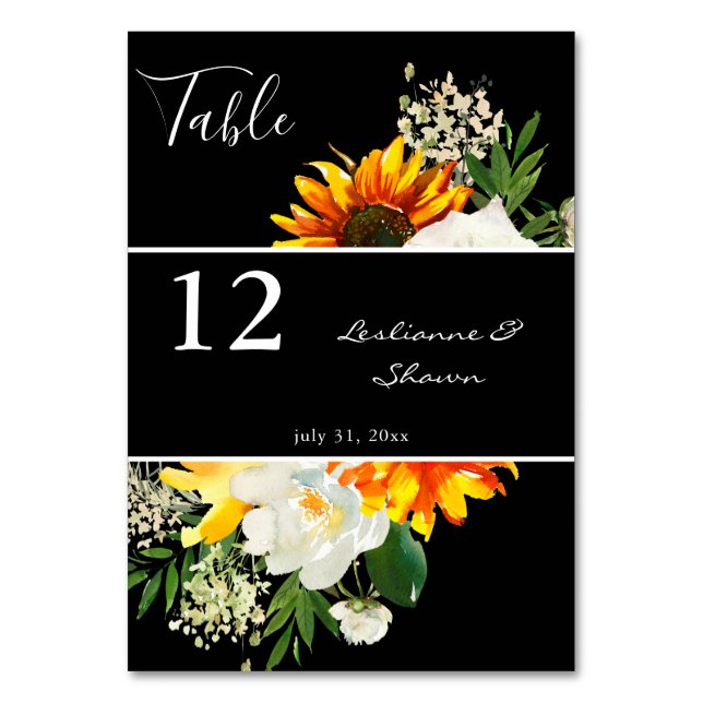 Numéro De Table Tournesol & Rose blanche Artsy Floral - noir (Par défaut)