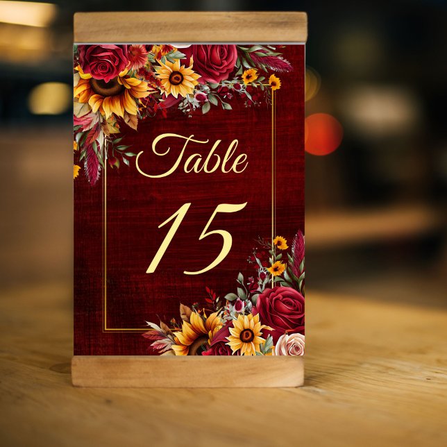 Numéro De Table tournesol rose mariage de automne (Sunflower wedding decorations Fall sunflower wedding  table number card burgundy roses and sunflower)