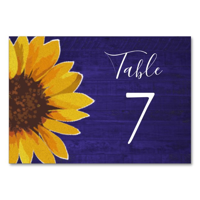 Numéro De Table Tournesol sur Bois Rustique Bleu Marine Mariage (Devant)