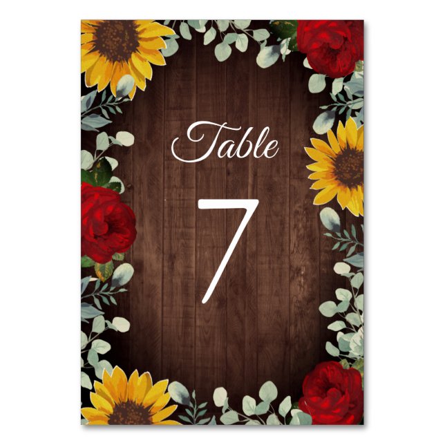 Numéro De Table Tournesols Eucalyptus Roses rouges Mariage en bois (Par défaut)