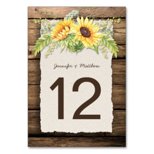 Numéro De Table Tournesols rustiques Barne Bord de pont en bois