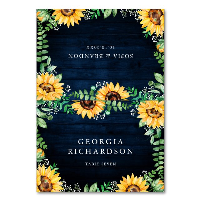 Numéro De Table Tournesols rustiques Mariage bleu marine (Par défaut)