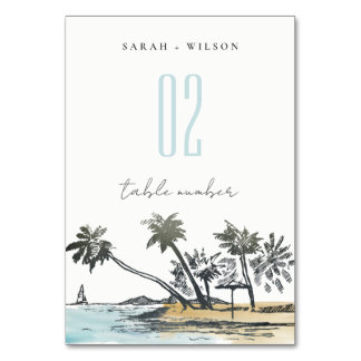 Numéro De Table Tropical Beach Palm Tree croquis Mariage aquarelle