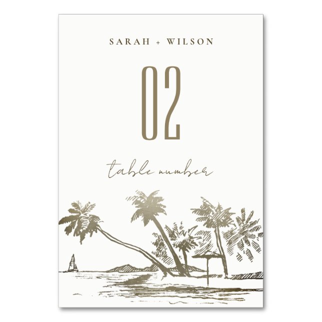 Numéro De Table Tropical Beach Palm Tree croquis Pale Gold Mariage (Par défaut)