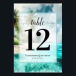 Numéro De Table Tropical Beach with Palm Trees Elegant Wedding<br><div class="desc">Make it easy for your guests to find their tables with these lovely table number cards. The elegant coastal or island themed design features fancy script calligraphy on a watercolor background of a tropical beach with palm trees and turquoise waters. The names of the couple and wedding date appear at...</div>