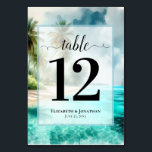 Numéro De Table Tropical Beach with Palm Trees Elegant Wedding<br><div class="desc">Make it easy for your guests to find their tables with these lovely table number cards. The elegant coastal or island themed design features fancy script calligraphy on a watercolor background of a tropical beach with palm trees and turquoise waters. The names of the couple and wedding date appear at...</div>