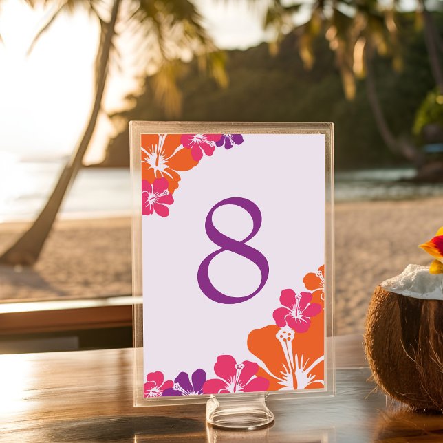 Numéro De Table Tropical Orange rose violet Mariage Hibiscus (Table Number - Front)
