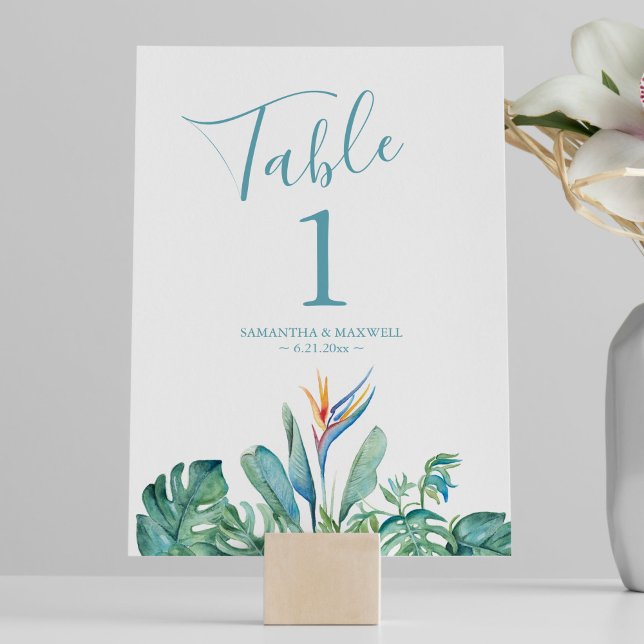 Numéro De Table Tropical Thème Mariage (tropical theme wedding table number features watercolor floral & palm leaf by Victoria Grigaliunas)