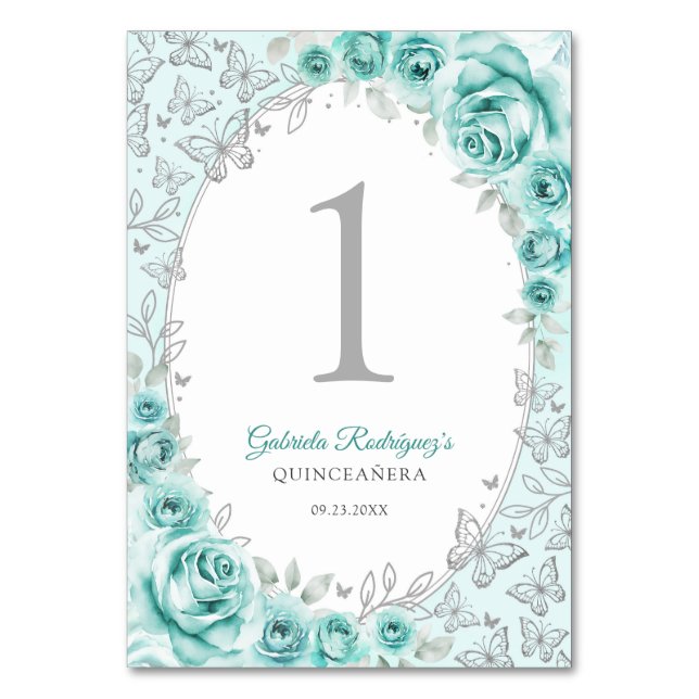 Numéro De Table Turquoise Argent Floral Quinceanera (Par défaut)