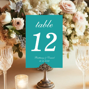 Numéro De Table Turquoise Bleu Simple Blanc Script Mariage