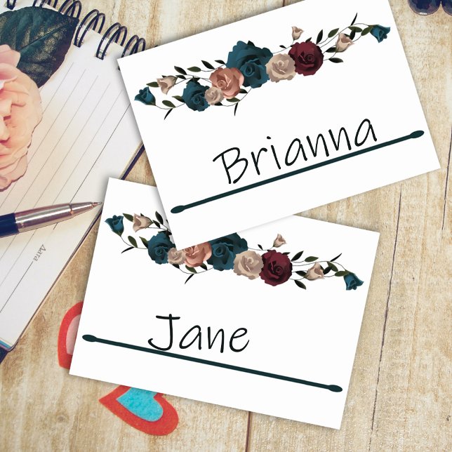 Numéro De Table Turquoise, Bourgogne, Beige Rose Nom Place Card (Name place settings, wedding reception name tags, burgundy teal green roses, name cards)