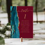 Numéro De Table Turquoise Gold Agate Bourgogne Mariage<br><div class="desc">Le bord gauche de cette élégante carte de numéro de table mariage moderne comporte une bordure turquoise aquarelle ornée d'une parties scintillant en faux or. Le mot "table" apparaît en écriture manuscrite de couleur or sur un arrière - plan rouge bordeaux. Ajoutez les noms de vos invités qui sont affectés...</div>