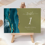 Numéro De Table Turquoise Gold Agate Olive Green Mariage<br><div class="desc">Le bord gauche de cette élégante carte de numéro de table mariage moderne comporte une bordure turquoise en aquarelle bleue,  ornée d'une parties scintillant en faux or. Le texte personnalisable associe écriture ivoire,  italique et polices de cuivre sur un arrière - plan vert olive.</div>