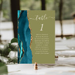 Numéro De Table Turquoise Gold Agate Olive Green Mariage<br><div class="desc">Le bord gauche de cette élégante carte de numéro de table mariage moderne comporte une bordure turquoise aquarelle ornée d'une parties scintillant en faux or. Le mot "table" apparaît en écriture manuscrite en ivoire sur un arrière - plan vert olive. Ajoutez les noms de vos invités qui sont affectés à...</div>