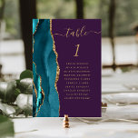 Numéro De Table Turquoise Gold Agate Purple Mariage<br><div class="desc">Le bord gauche de cette élégante carte de numéro de table mariage moderne comporte une bordure turquoise aquarelle ornée d'une parties scintillant en faux or. Le mot "table" apparaît dans un script d'écriture manuscrite de couleur or sur un arrière - plan violet. Ajoutez les noms de vos invités qui sont...</div>