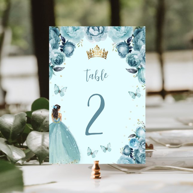 Numéro De Table Turquoise Or Couronne Fleurie Princesse Quinceañer (Créateur téléchargé)