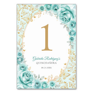 Numéro De Table Turquoise Or Floral Quinceanera