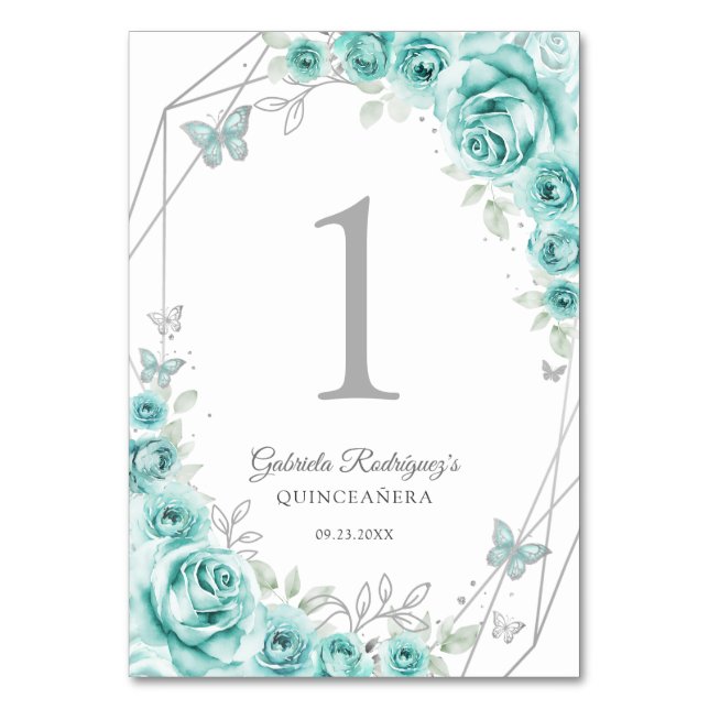 Numéro De Table Turquoise Silver Floral Quinceanera (Par défaut)