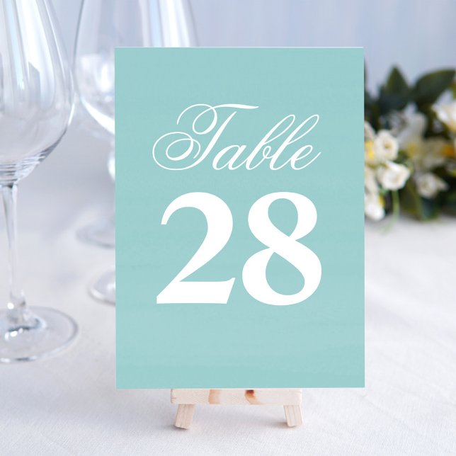 Numéro De Table Turquoise Wedding Script Table Number Sign  (Wedding table number with light watercolor background and turquoise blue.)
