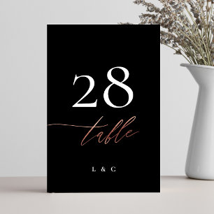Numéro De Table Tuxedo Black Rose Gold Calligraphie Mariage modern