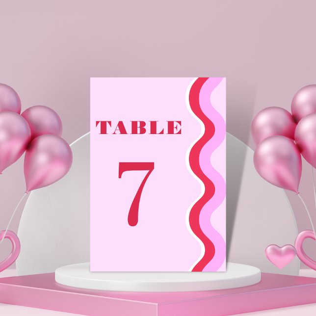 Numéro De Table Vague Rétro Onde 70s Rouge et Rose Table 7 Mariage (Créateur téléchargé)
