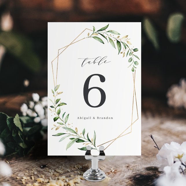 Numéro De Table Verdure moderne or géométrique Mariage rustique gé (Modern Greenery Gold Geometric Rustic Wedding Table Number)