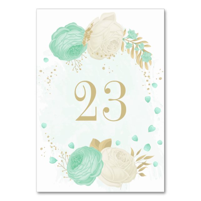 Numéro De Table vert menthe et fleurs blanches or fleuri mariage (Par défaut)