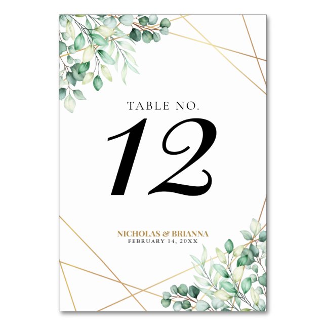Numéro De Table Vert moderne Eucalyptus Gold Mariage géométrique (Dos)