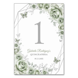 Numéro De Table Vert sauge Argent Floral Quinceanera