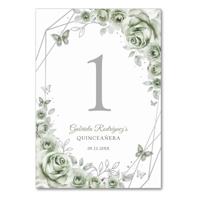 Numéro De Table Vert sauge Argent Floral Quinceanera (Par défaut)