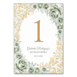 Numéro De Table Vert sauge or floral Quinceanera