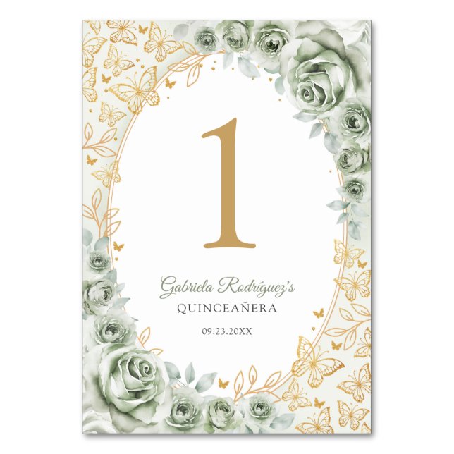 Numéro De Table Vert sauge or floral Quinceanera (Par défaut)