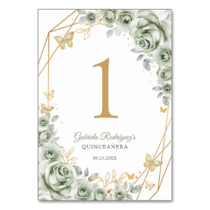 Numéro De Table Vert sauge or floral Quinceanera