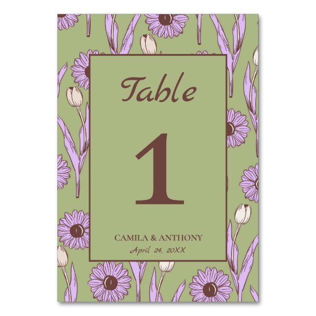 Numéro De Table Vert violet rétro Y2K Funky Hippie Flower Motif (Dos)