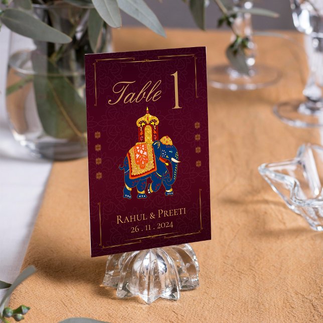 Numéro De Table Vibrant Rouge or traditionnel mariage indien (Vibrant Red Gold Traditional Indian Wedding Party Table Number)