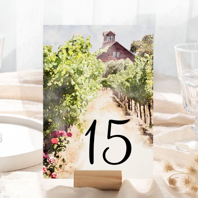 Numéro De Table Vignoble et Mariage d'aquarelle de la grange rouge (Pull your look together with these rustic Vineyard and Red Barn Wedding Table numbers. )
