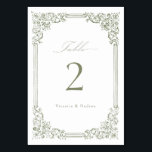 Numéro De Table Vintage de script élégant du cadre Mariage vert Sa<br><div class="desc">Elégant design vintage cadre décoratif bordé avec script élégant dans la couleur verte sage,  simple et classique,  grandes cartes de table mariage pour mariage classique moderne,  mariage vintage romantique,  et mariage traditionnel formel. Voir toutes les pièces correspondantes dans la collection.</div>