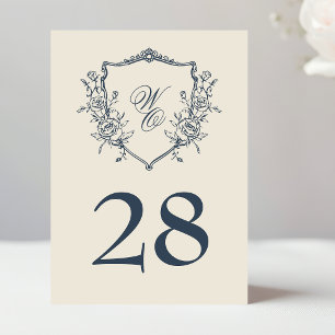 Numéro De Table Vintage Floral Crest Marine & Crème Monogram Maria
