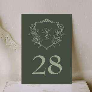 Numéro De Table Vintage Floral olive sauge Crest Monogramme Mariag