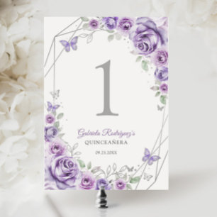 Numéro De Table Violet Pourpre Argent Floral Quinceanera
