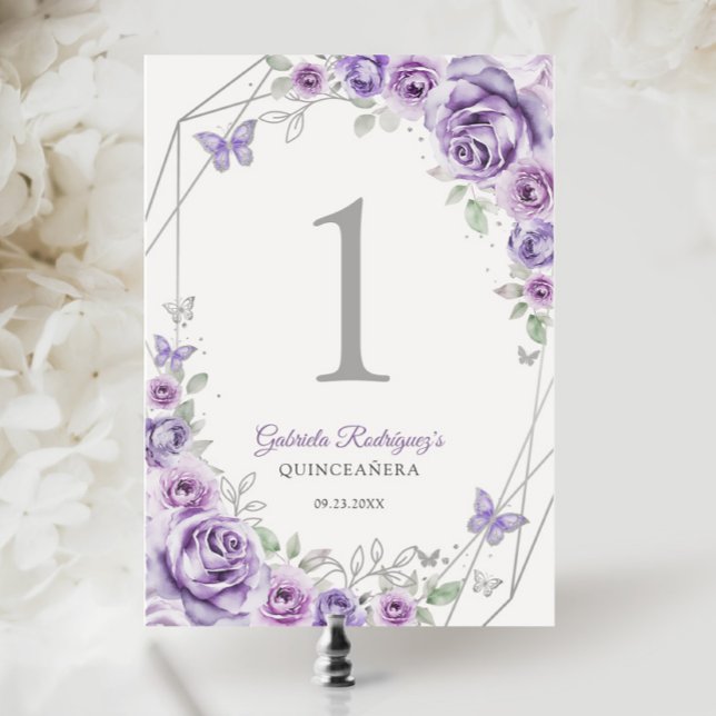 Numéro De Table Violet Pourpre Argent Floral Quinceanera (Créateur téléchargé)