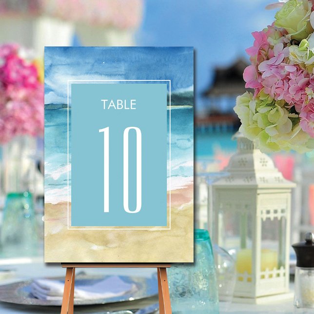 Numéro De Table Watercolor Beach Ocean Destination Mariage (Créateur téléchargé)