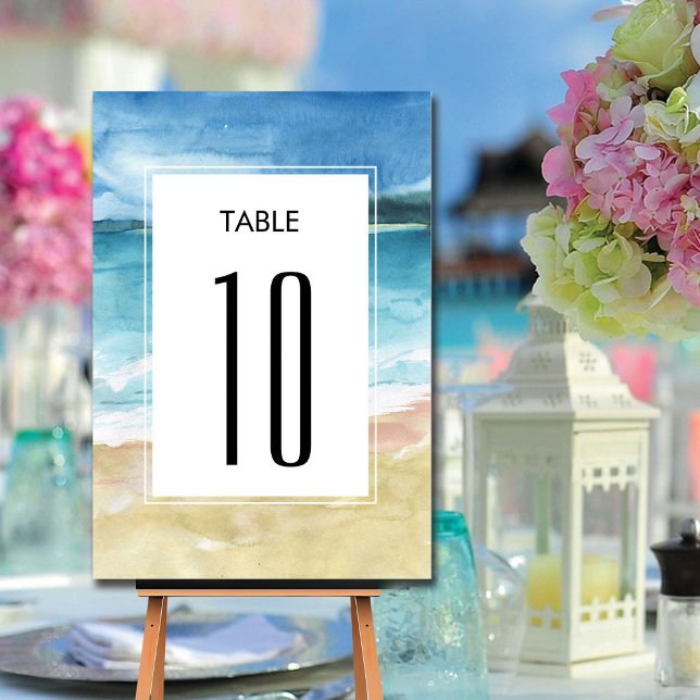 Numéro De Table Watercolor Beach Ocean Destination Mariage (Créateur téléchargé)