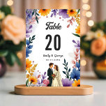 Numéro De Table Watercolor Floral Garden Couple Summer Wedding<br><div class="desc">This elegant watercolor floral wedding table number is perfect for a modern wedding. The romantic design features an elegant watercolor floral frame with a bride and groom illustration and black calligraphy on a white background.</div>