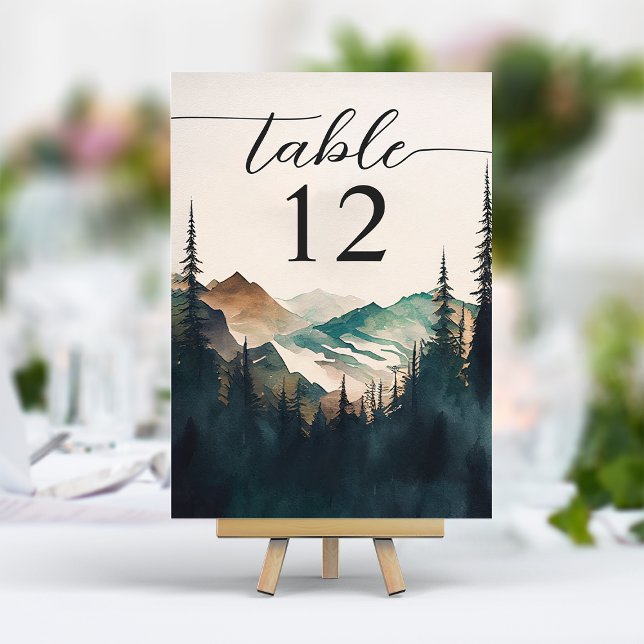 Numéro De Table Watercolor Mountains Pine Forest Mariage (Créateur téléchargé)
